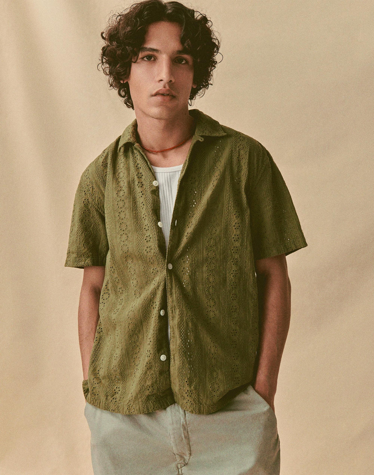 Camp-Collar Short-Sleeve Shirt in Embroidered Cotton Chateau Olive | Madewell