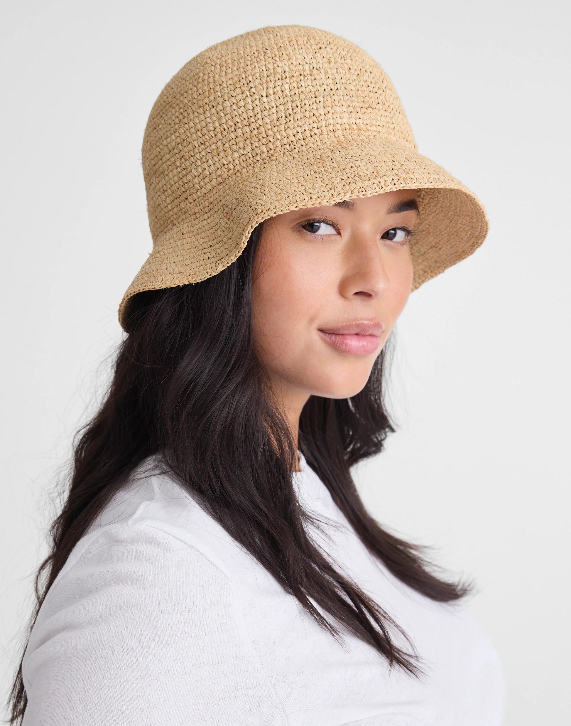 Hand-Crocheted Seamless Bucket Hat in Raffia Golden Khaki | Madewell