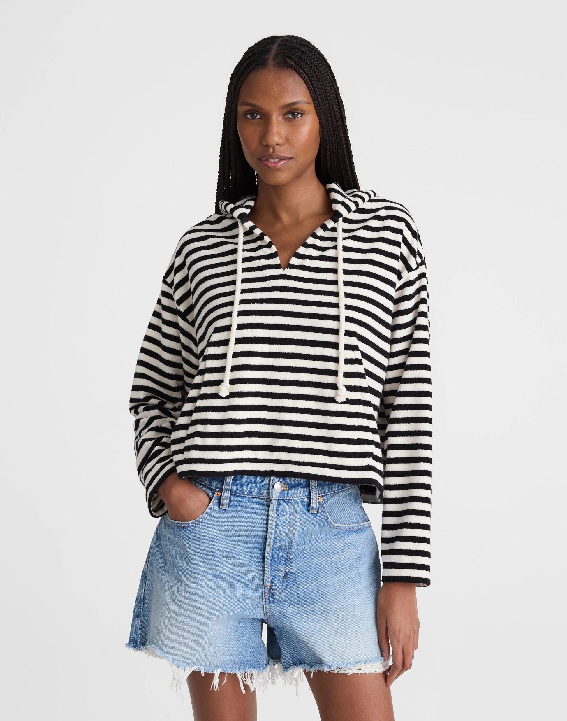 Drawstring Hoodie in Terry Black Ivory | Madewell