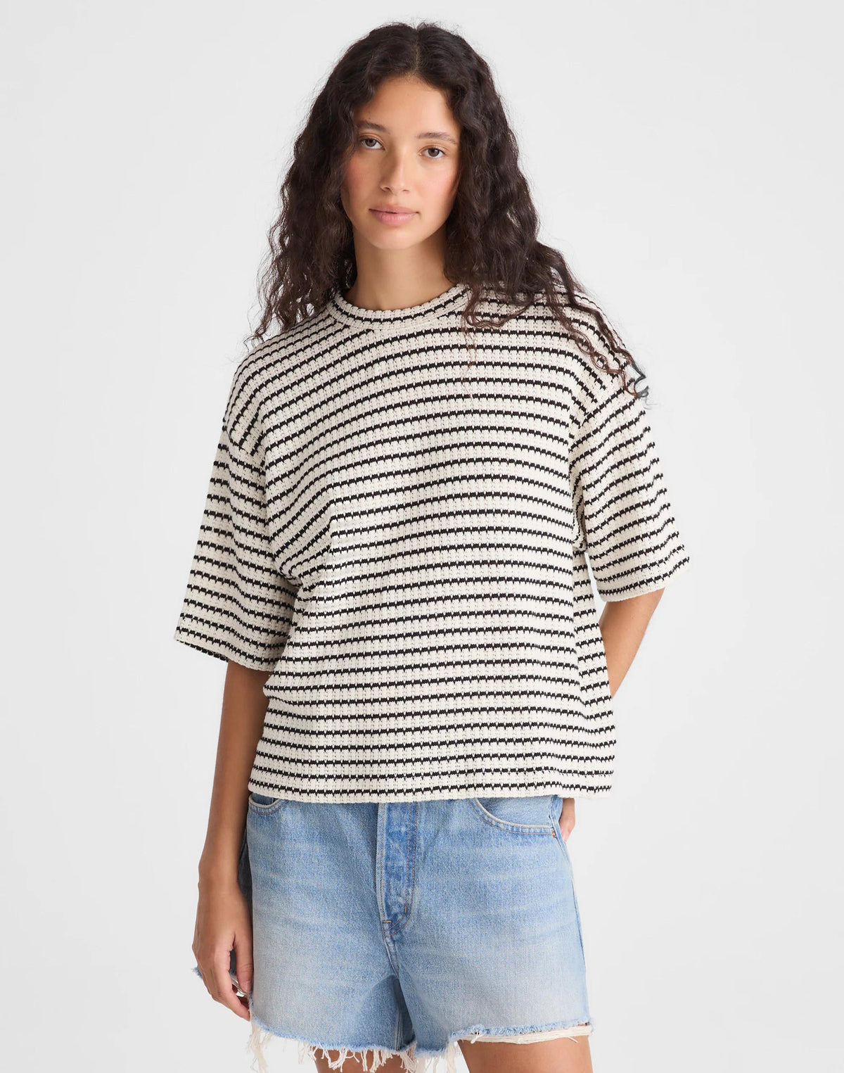 The Boxy Crop Tee in Allday Jersey Ivory And Black Tuck Stitch | Madewell