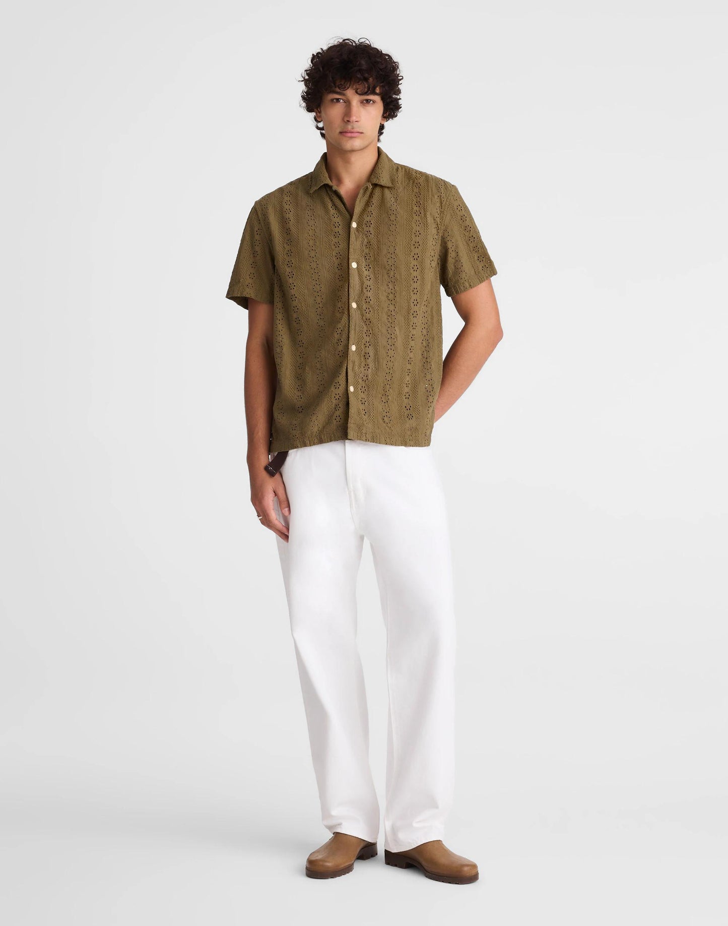 Camp-Collar Short-Sleeve Shirt in Embroidered Cotton Chateau Olive | Madewell