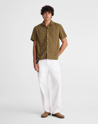 Camp-Collar Short-Sleeve Shirt in Embroidered Cotton Chateau Olive | Madewell