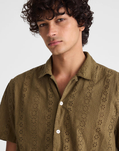 Camp-Collar Short-Sleeve Shirt in Embroidered Cotton Chateau Olive | Madewell