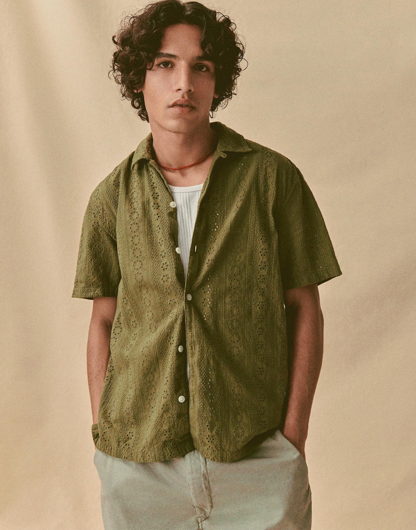 Camp-Collar Short-Sleeve Shirt in Embroidered Cotton Chateau Olive | Madewell