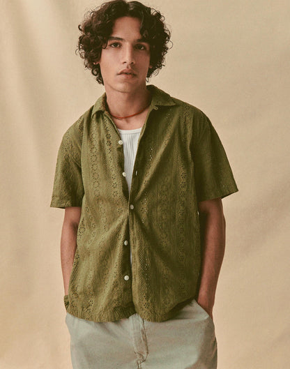 Camp-Collar Short-Sleeve Shirt in Embroidered Cotton Chateau Olive | Madewell