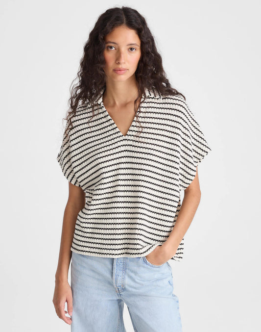 Textured-Knit Johnny-Collar Shirt Ivory And Black Tuck Stitch | Madewell