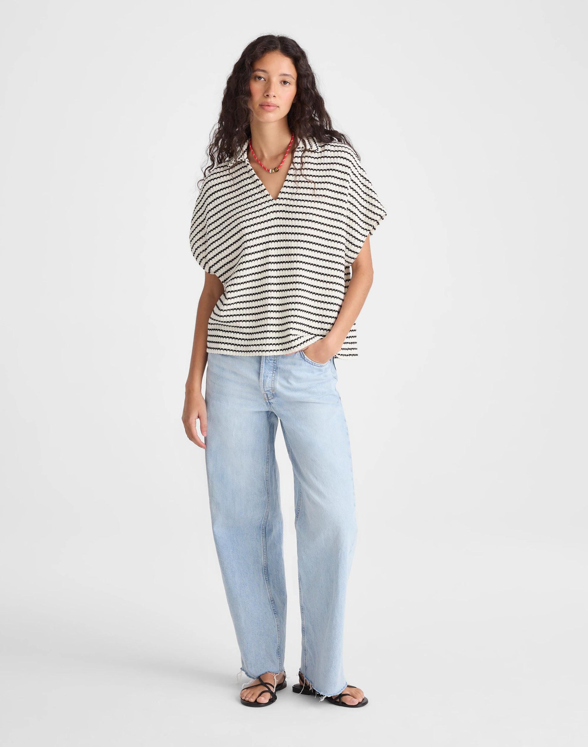 Textured-Knit Johnny-Collar Shirt Ivory And Black Tuck Stitch | Madewell