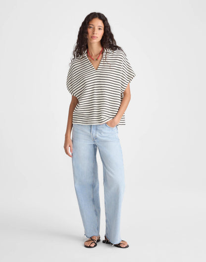 Textured-Knit Johnny-Collar Shirt Ivory And Black Tuck Stitch | Madewell