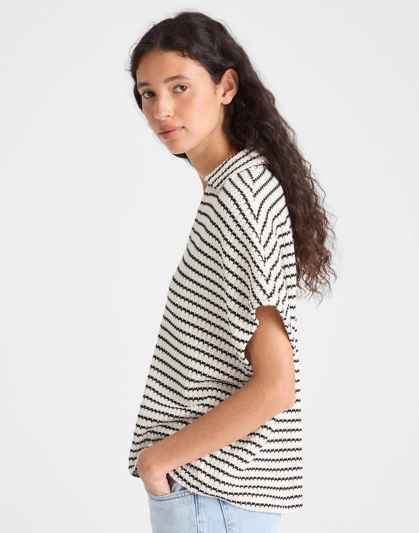 Textured-Knit Johnny-Collar Shirt Ivory And Black Tuck Stitch | Madewell