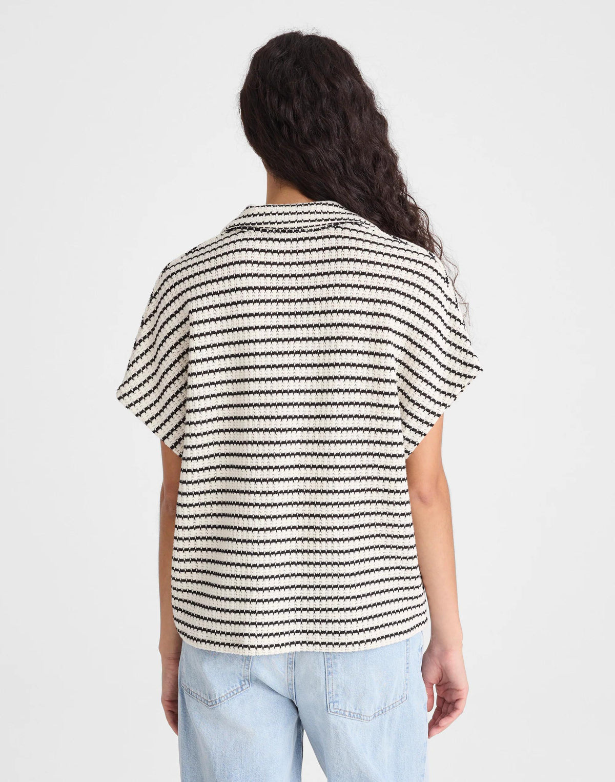 Textured-Knit Johnny-Collar Shirt Ivory And Black Tuck Stitch | Madewell