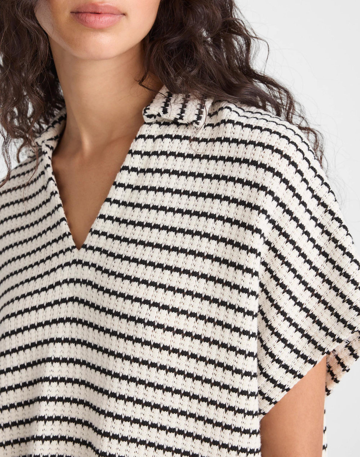 Textured-Knit Johnny-Collar Shirt Ivory And Black Tuck Stitch | Madewell