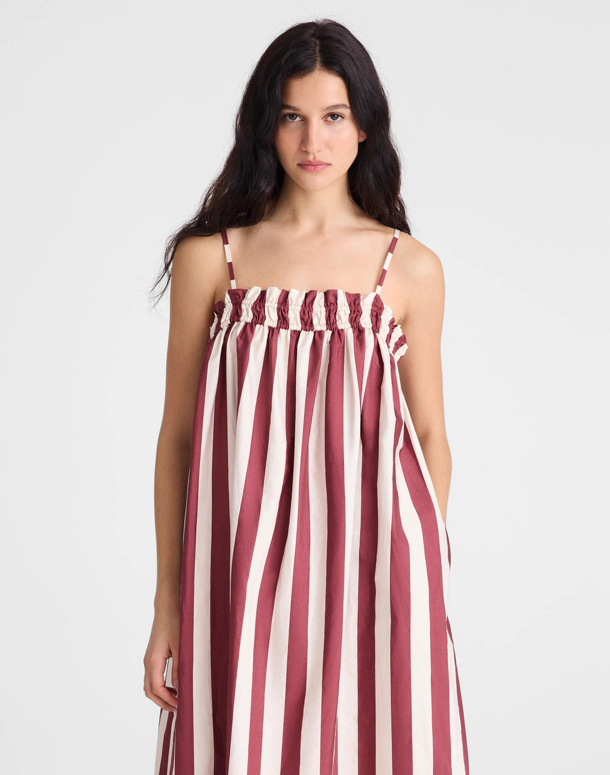 Ruffle A-Line Midi Dress in Stripe Dusty Merlot | Madewell