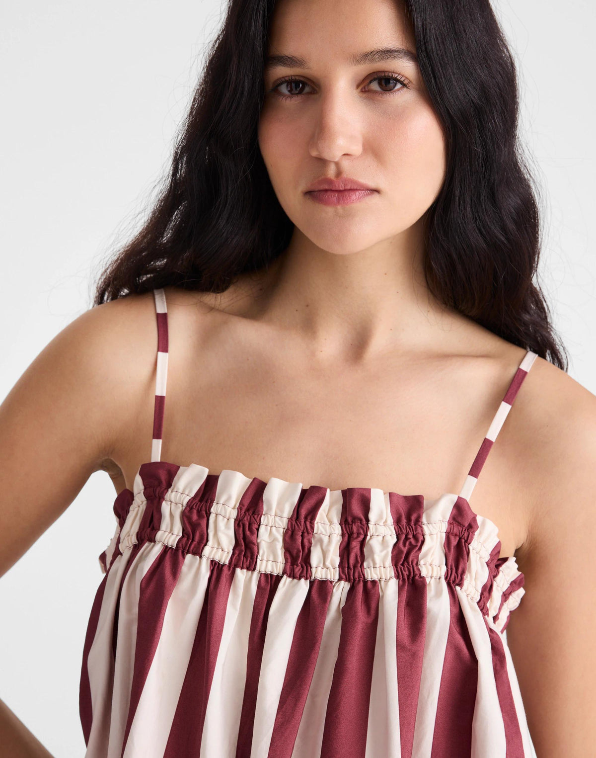 Ruffle A-Line Midi Dress in Stripe Dusty Merlot | Madewell