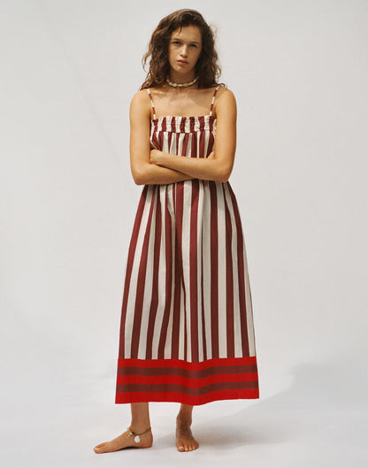 Ruffle A-Line Midi Dress in Stripe Dusty Merlot | Madewell