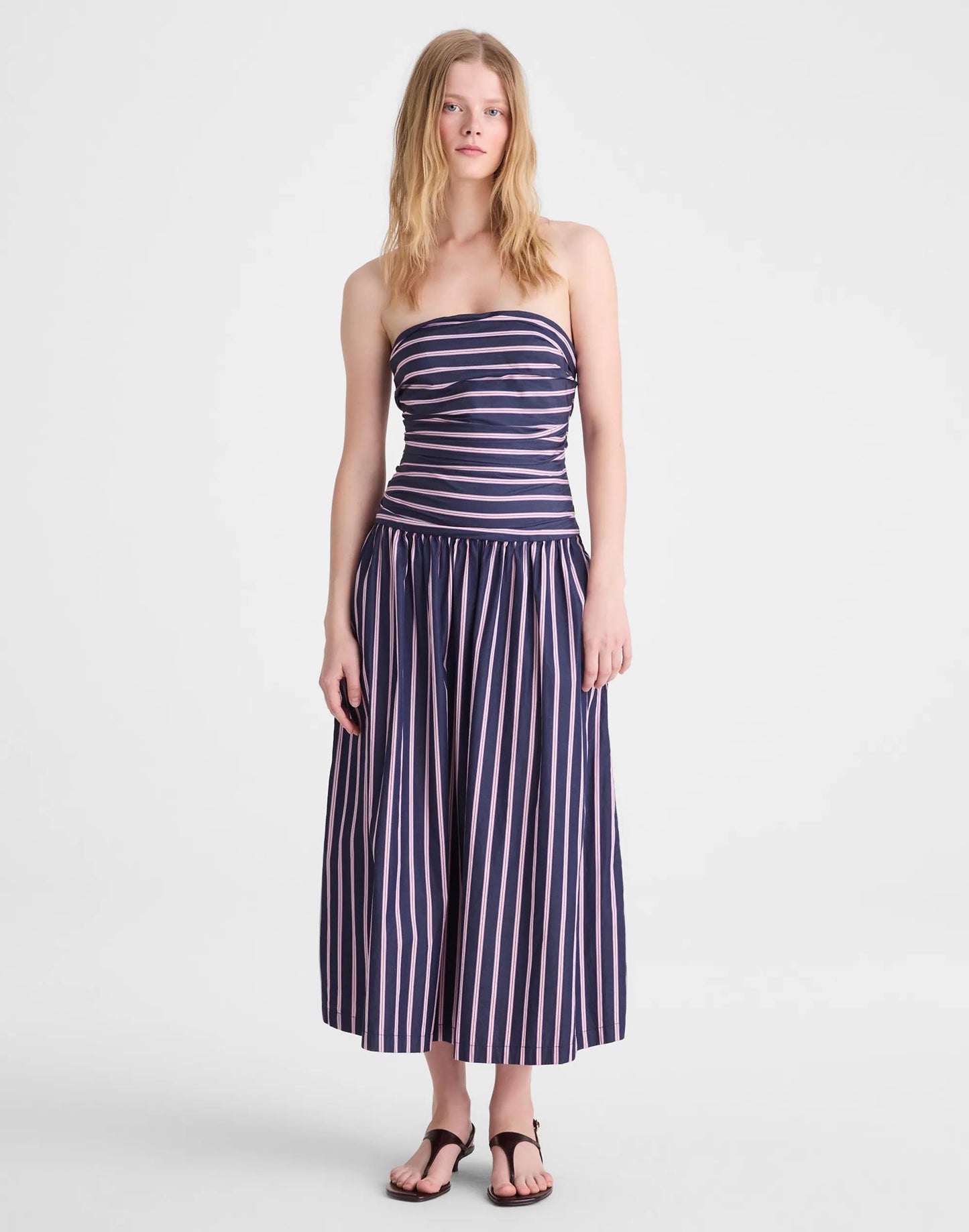 Strapless Ruched Midi Dress in Poplin Classic Indigo | Madewell