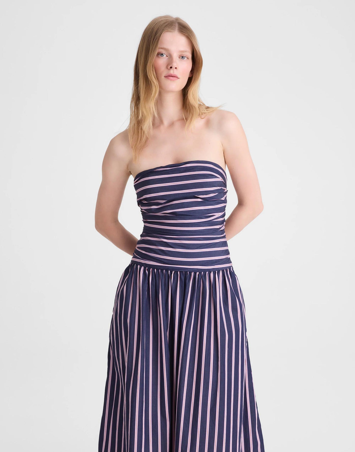 Strapless Ruched Midi Dress in Poplin Classic Indigo | Madewell
