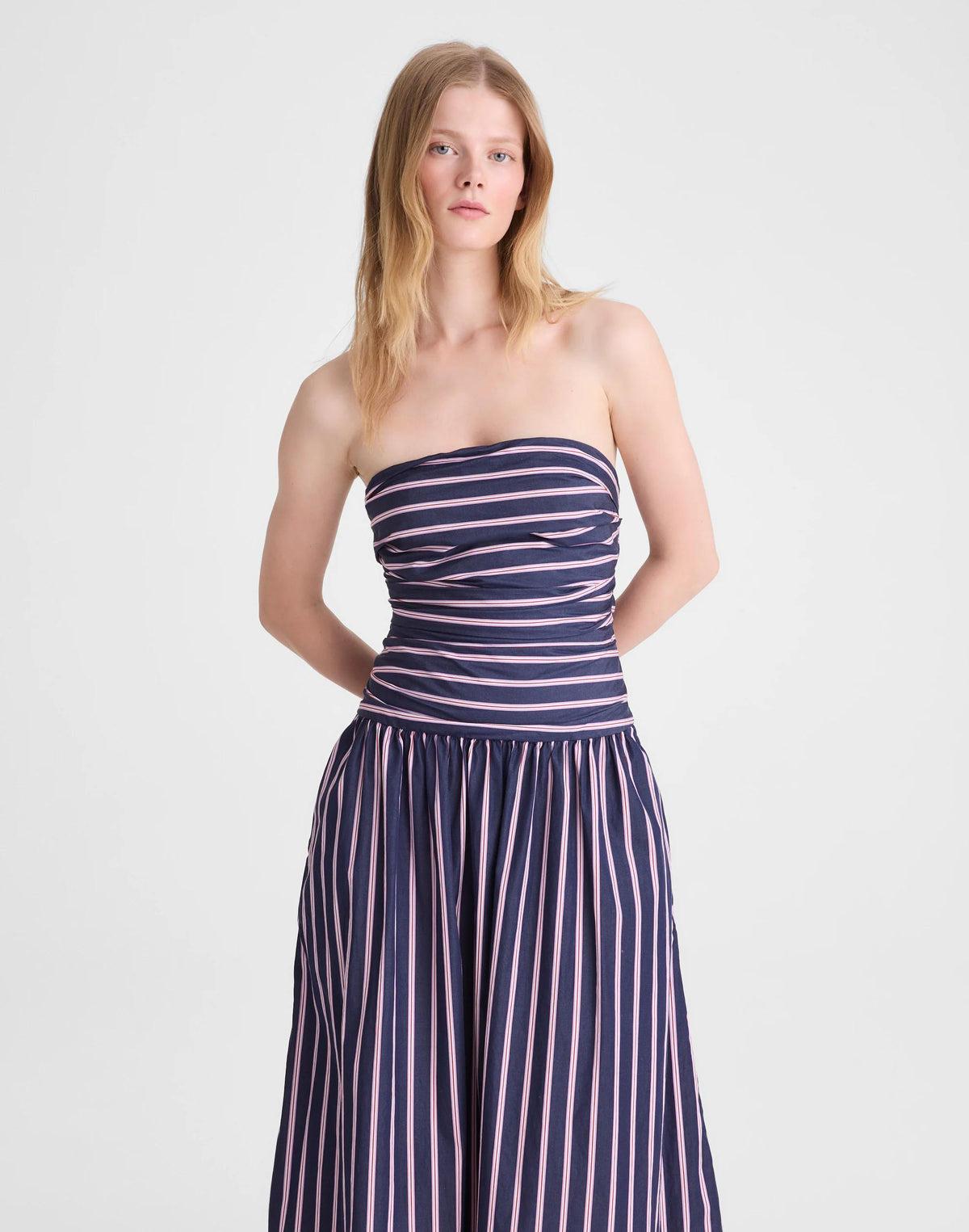 Strapless Ruched Midi Dress in Poplin Classic Indigo | Madewell