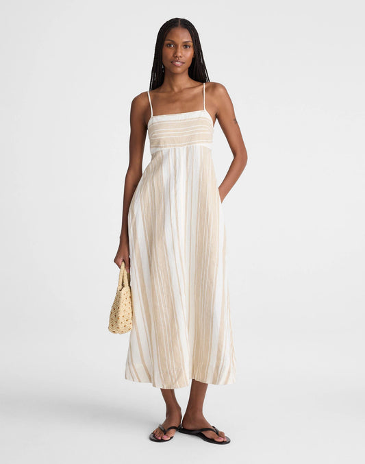 Empire-Waist Midi Dress in 100% Linen Khaki White Stripe | Madewell