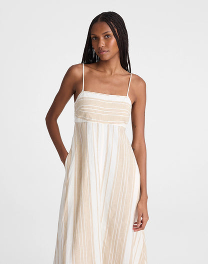 Empire-Waist Midi Dress in 100% Linen Khaki White Stripe | Madewell
