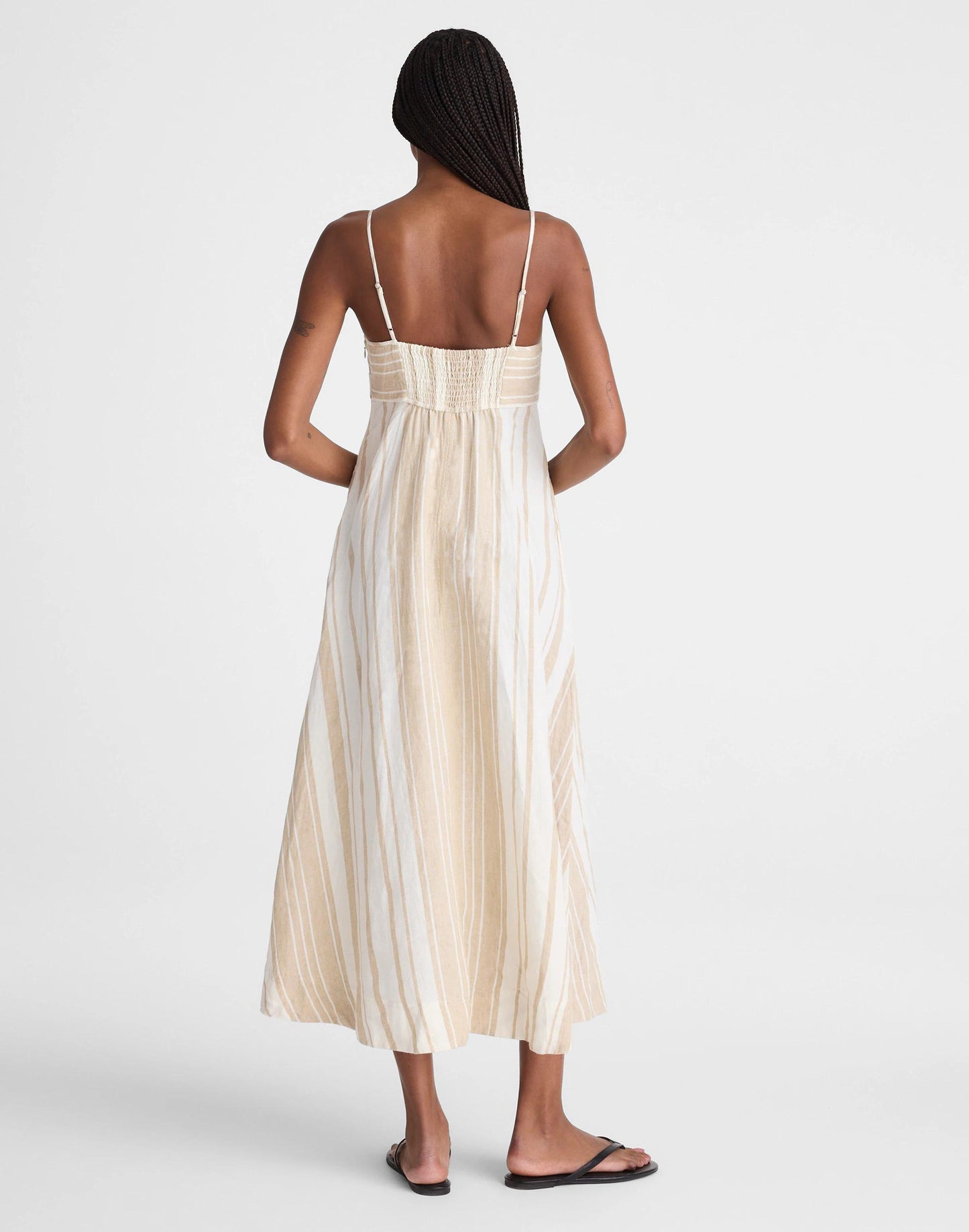 Empire-Waist Midi Dress in 100% Linen Khaki White Stripe | Madewell