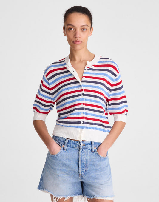 Textured Short-Sleeve Cardigan in 100% Cotton Ivory Pop Color Multi Stripe | Madewell