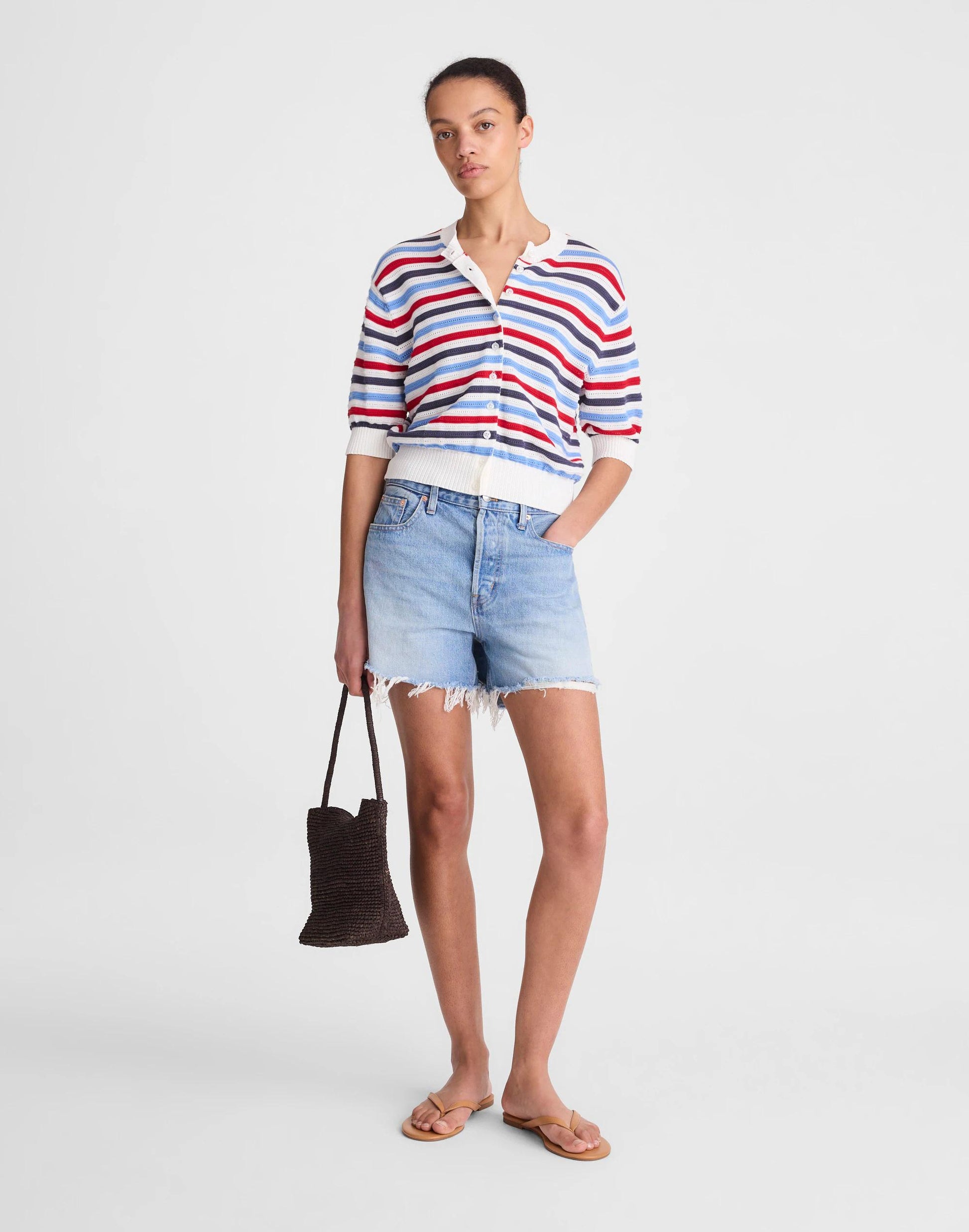 Textured Short-Sleeve Cardigan in 100% Cotton Ivory Pop Color Multi Stripe | Madewell