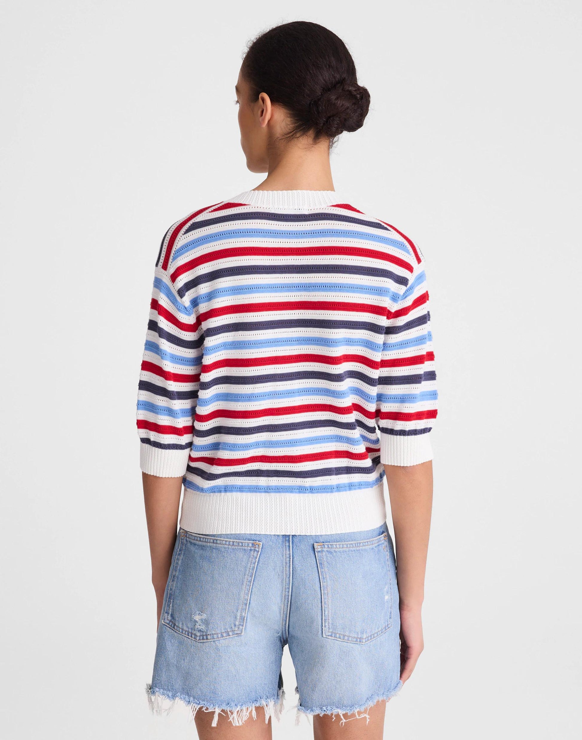 Textured Short-Sleeve Cardigan in 100% Cotton Ivory Pop Color Multi Stripe | Madewell