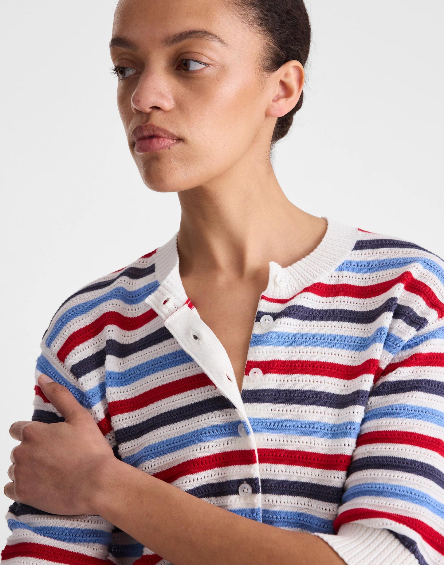 Textured Short-Sleeve Cardigan in 100% Cotton Ivory Pop Color Multi Stripe | Madewell