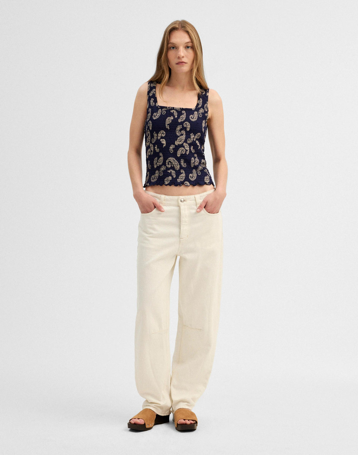 Madewell x Shopbop Smocked Squareneck Tank Tossed Paisley Midnight | Madewell