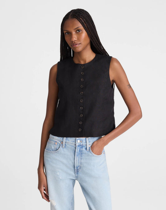 Button-Front Shell Top in 100% Linen Jet Black | Madewell