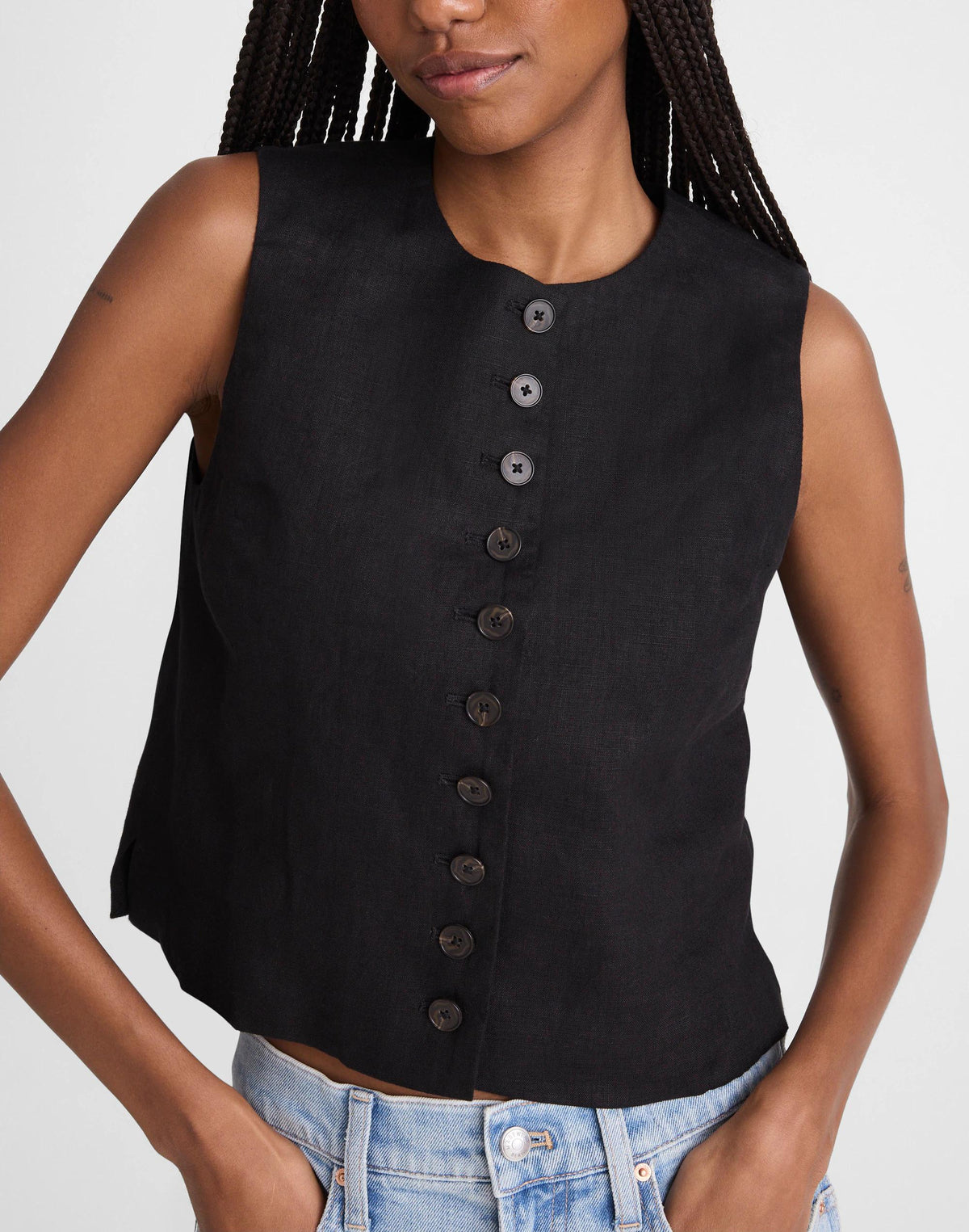 Button-Front Shell Top in 100% Linen Jet Black | Madewell