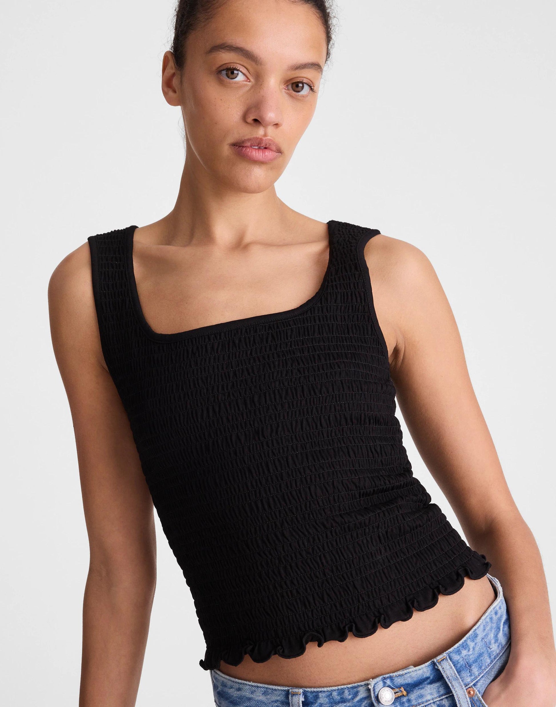 Smocked Scoopneck Tank Jet Black | Madewell