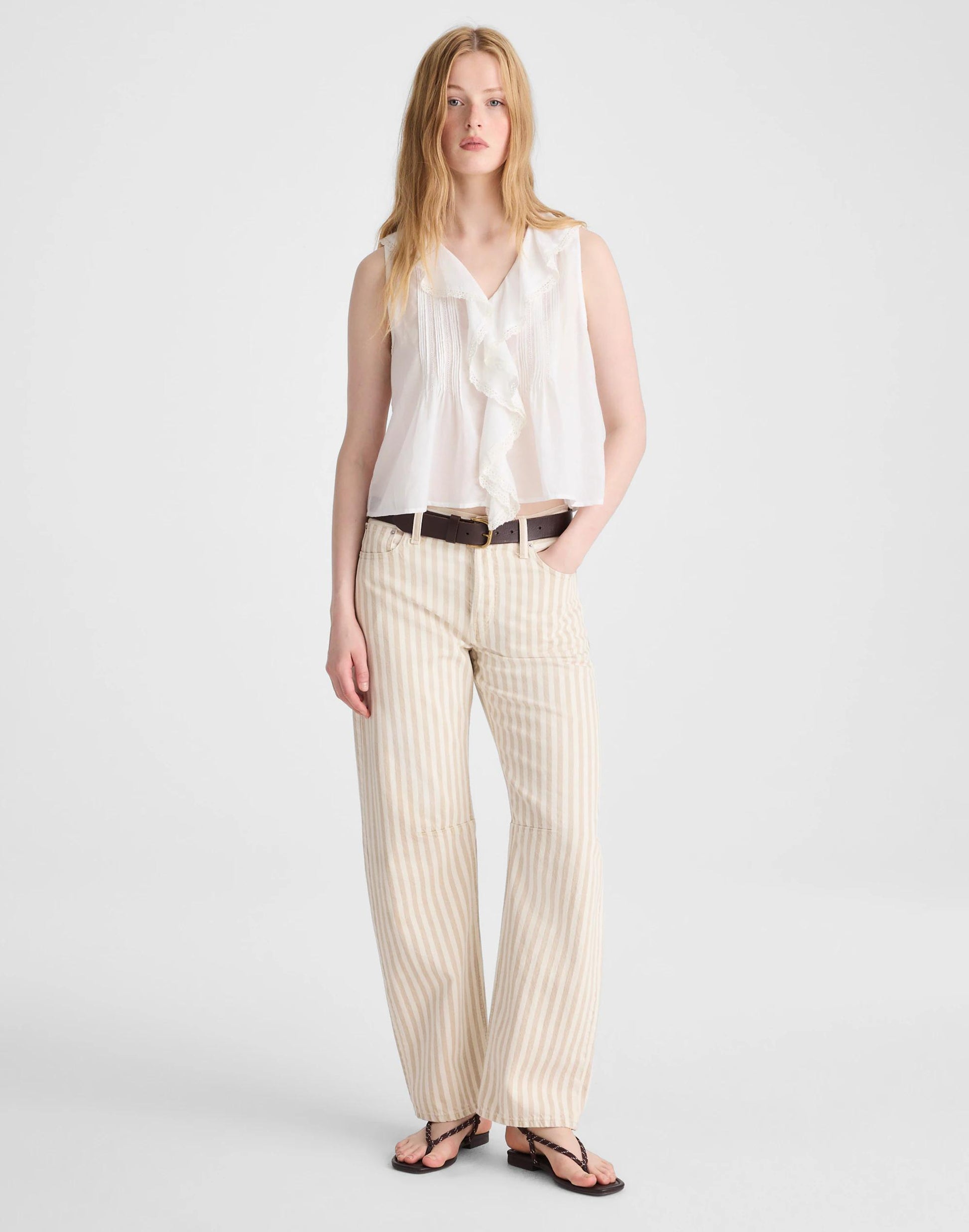 The Darted Barrel-Leg Jean in Airy Denim Khaki Sand Stripe | Madewell