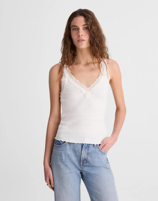 Lace-Trim Ribbed V-Neck Tank Winter White | Madewell