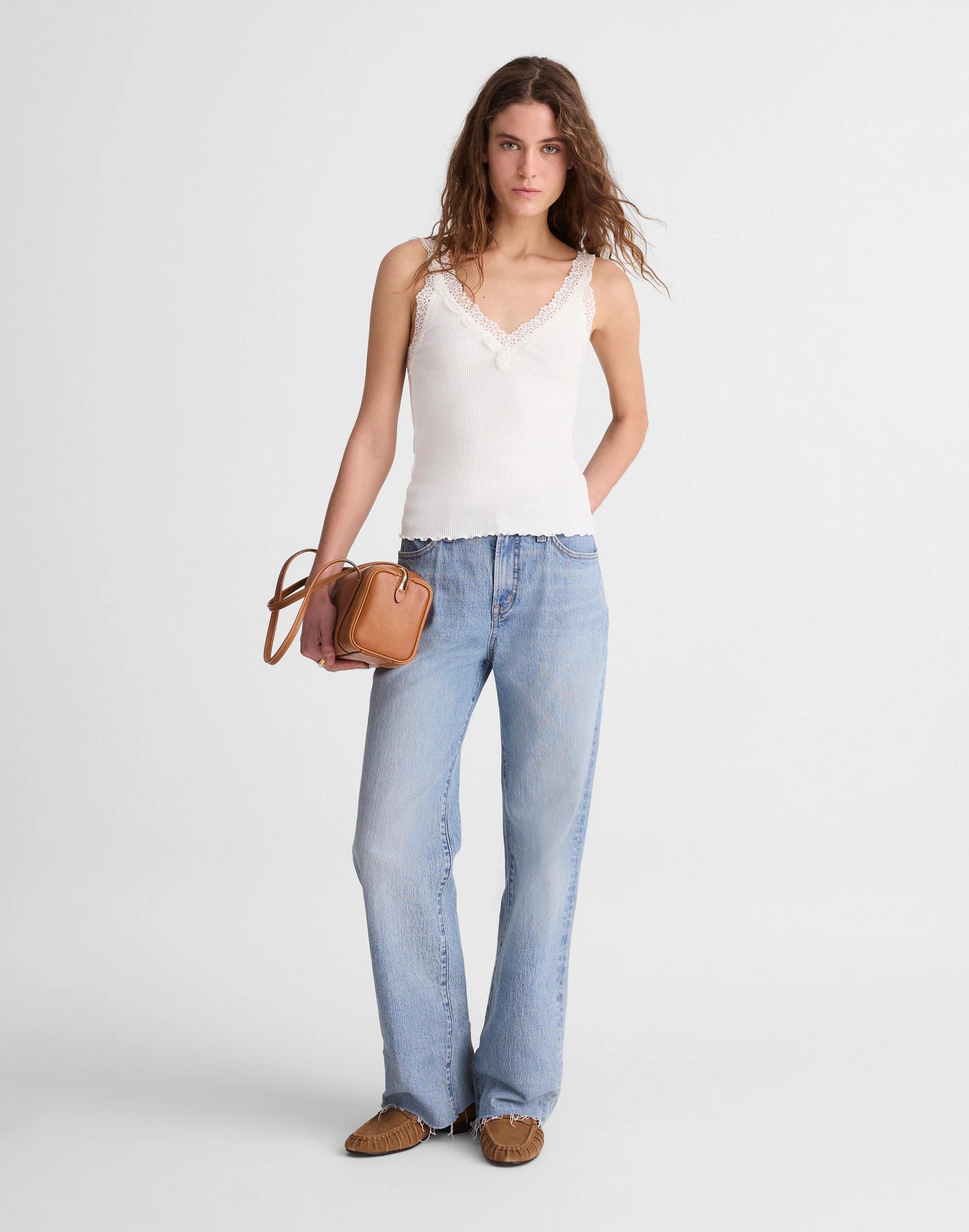 Lace-Trim Ribbed V-Neck Tank Winter White | Madewell