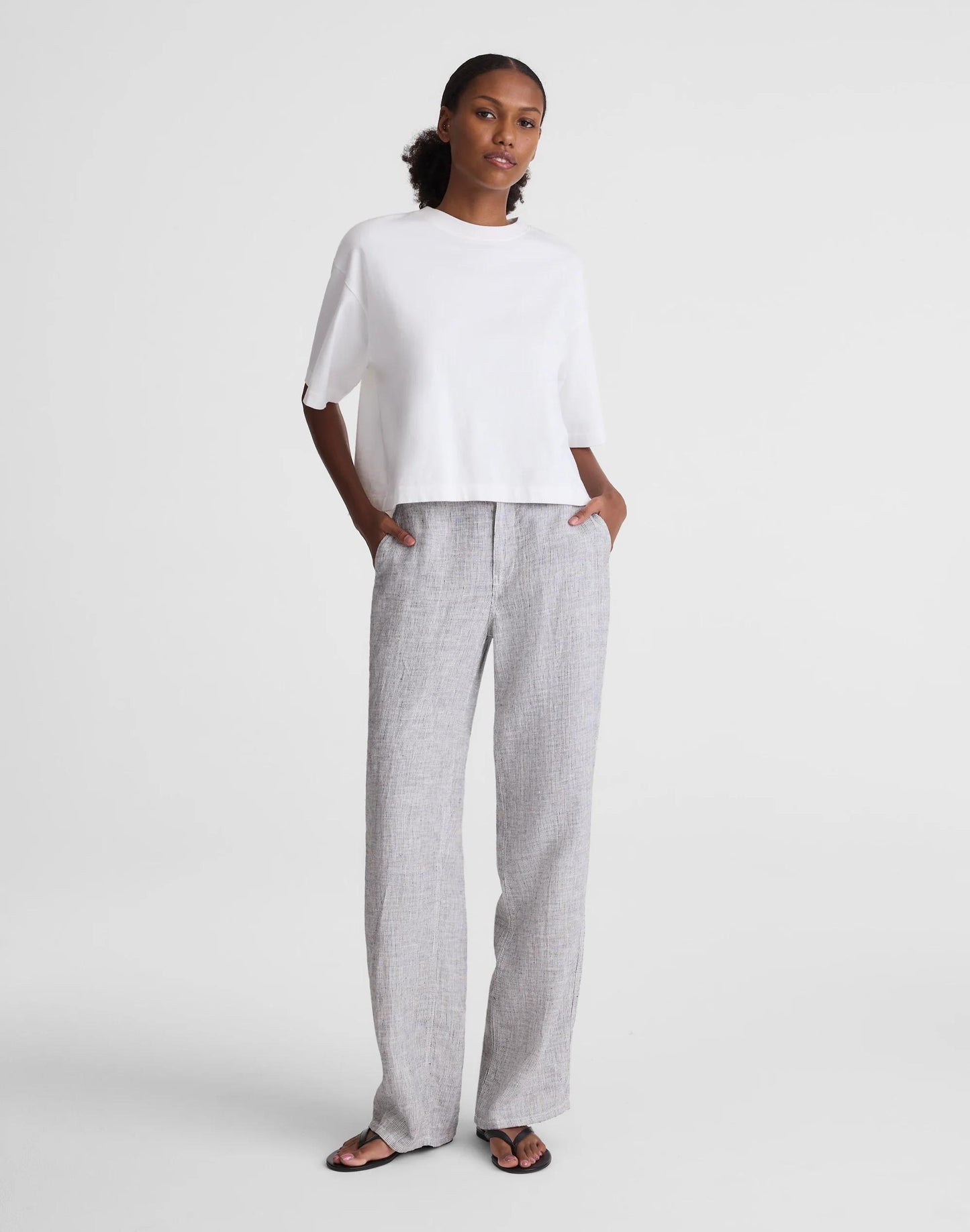 The Zoe Relaxed Straight Pant in 100% Linen Black White Mini Stripe | Madewell