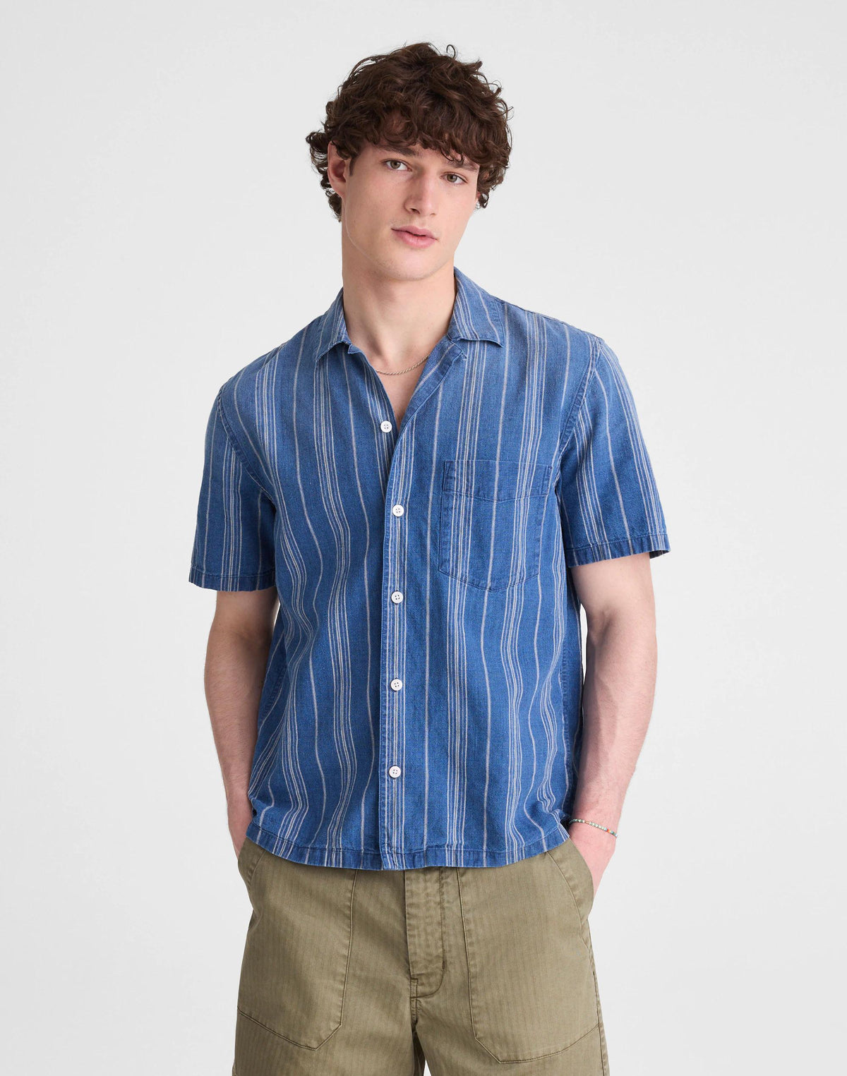 The Short-Sleeve Camp Shirt in Indigo Linen-Cotton Blend Neal Stripe | Madewell