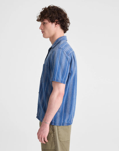 The Short-Sleeve Camp Shirt in Indigo Linen-Cotton Blend Neal Stripe | Madewell