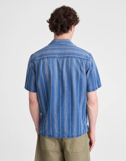 The Short-Sleeve Camp Shirt in Indigo Linen-Cotton Blend Neal Stripe | Madewell