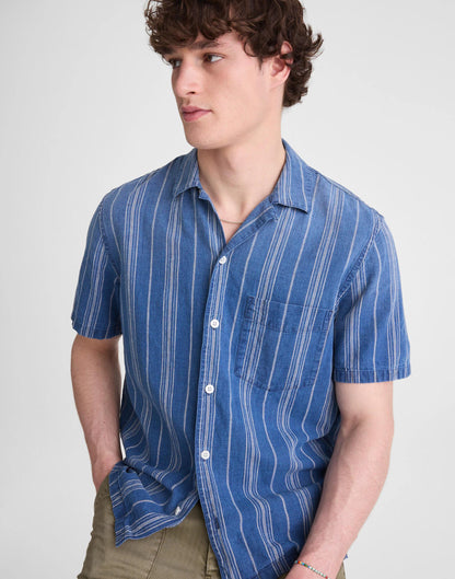 The Short-Sleeve Camp Shirt in Indigo Linen-Cotton Blend Neal Stripe | Madewell