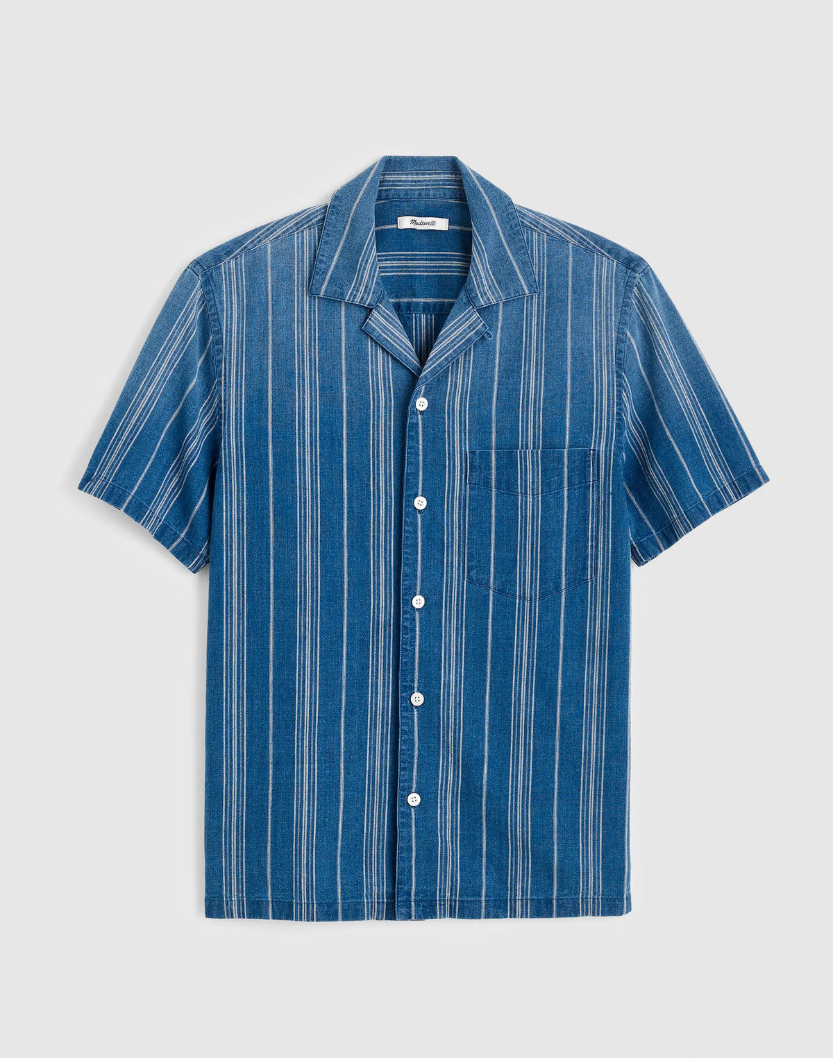 The Short-Sleeve Camp Shirt in Indigo Linen-Cotton Blend Neal Stripe | Madewell