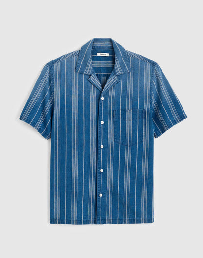 The Short-Sleeve Camp Shirt in Indigo Linen-Cotton Blend Neal Stripe | Madewell