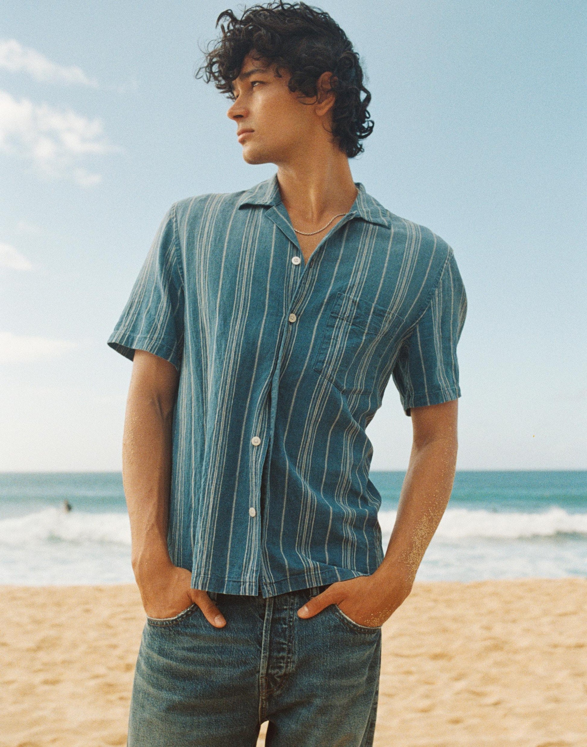 The Short-Sleeve Camp Shirt in Indigo Linen-Cotton Blend Neal Stripe | Madewell