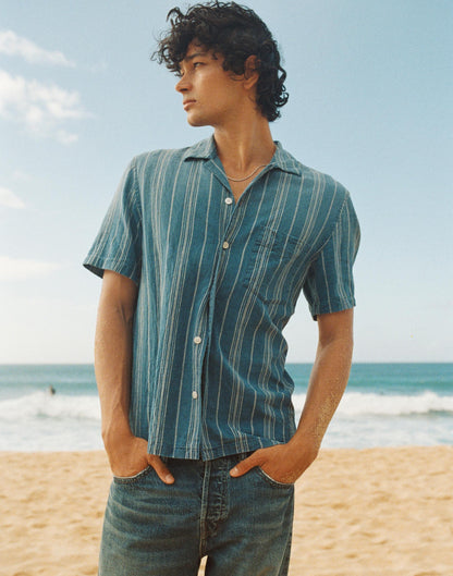 The Short-Sleeve Camp Shirt in Indigo Linen-Cotton Blend Neal Stripe | Madewell