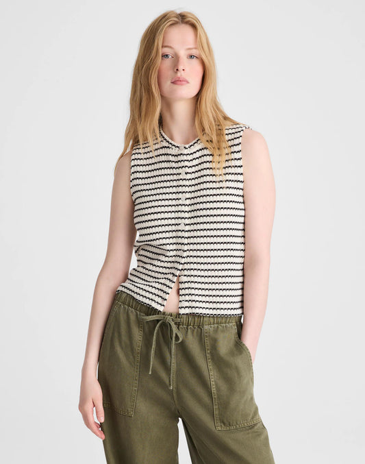 Textured-Knit  Button-Front Shell Top Ivory And Black Tuck Stitch | Madewell