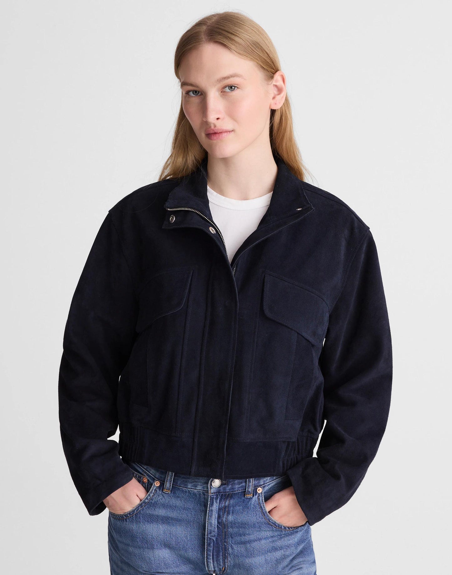 Funnel-Neck Utility Jacket in Suede Classic Navy | Madewell