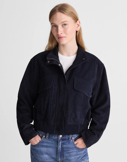 Funnel-Neck Utility Jacket in Suede Classic Navy | Madewell