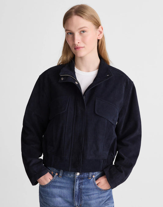 Funnel-Neck Utility Jacket in Suede Classic Navy | Madewell