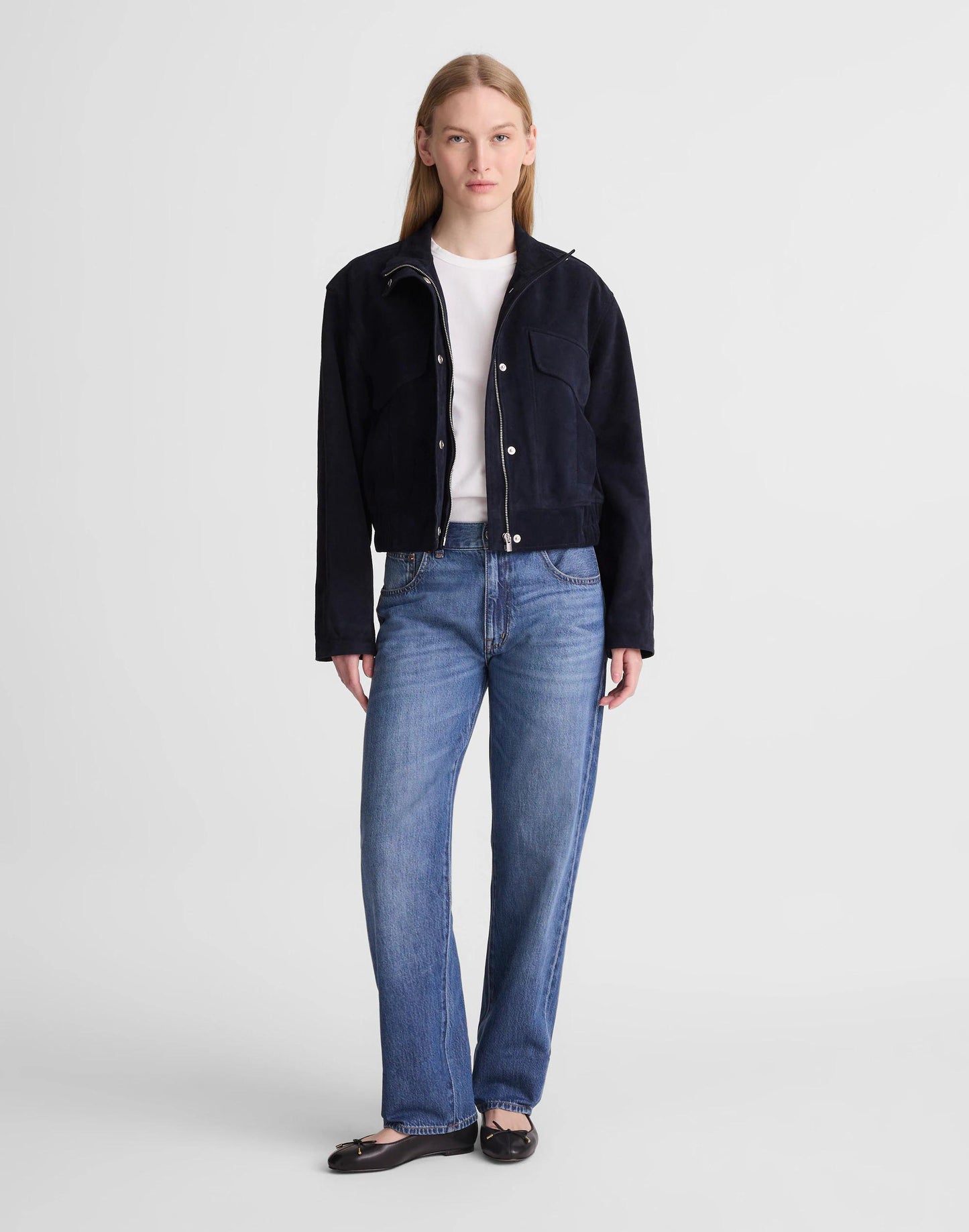 Funnel-Neck Utility Jacket in Suede Classic Navy | Madewell