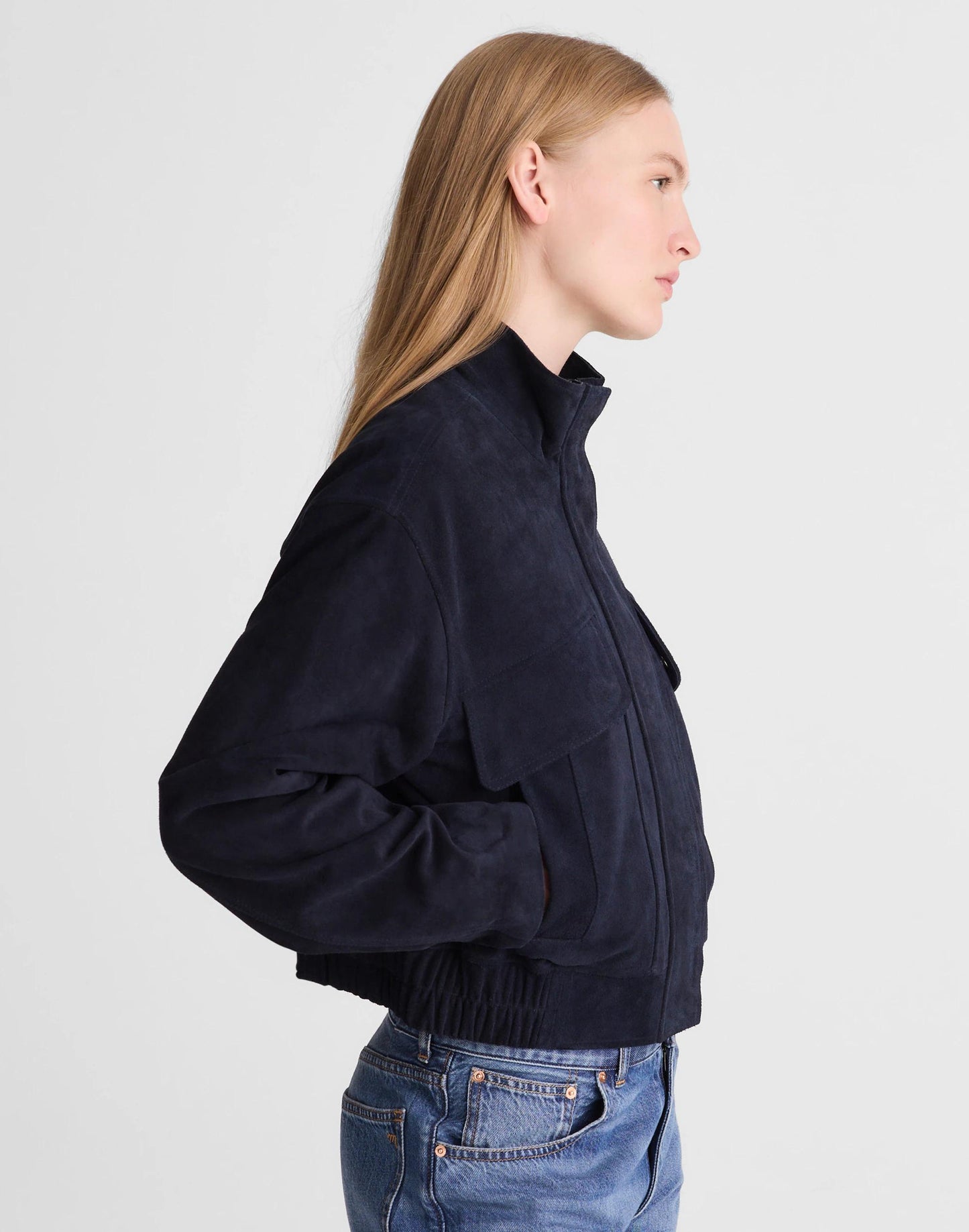 Funnel-Neck Utility Jacket in Suede Classic Navy | Madewell